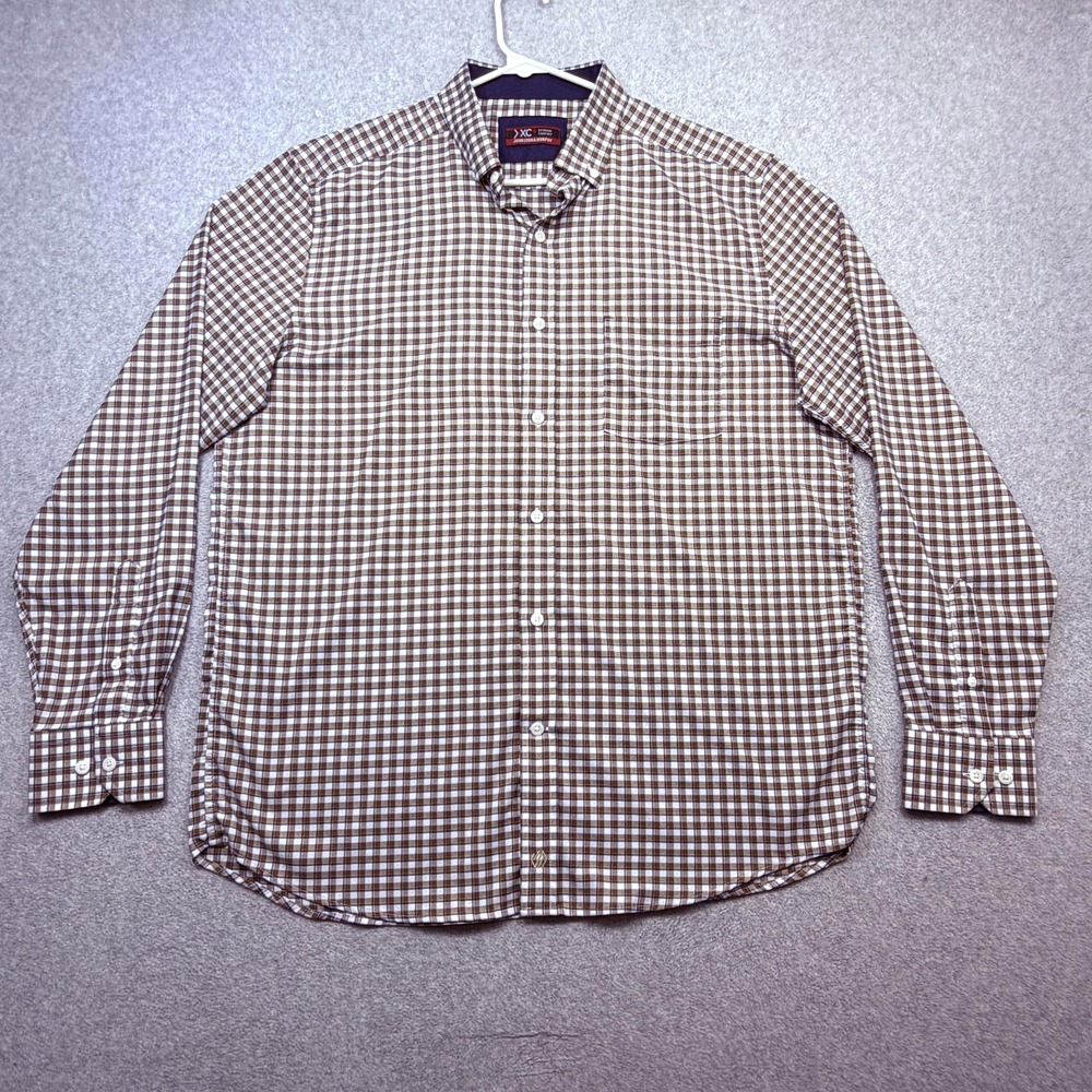 Johnston & Murphy XC4 Shirt Men Large Brown Plaid Long Sleeve Button Stretch